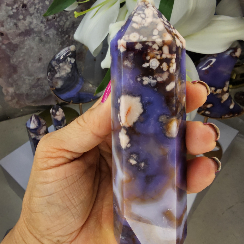 Blue Flower Agate Crystal Obelisk Tower